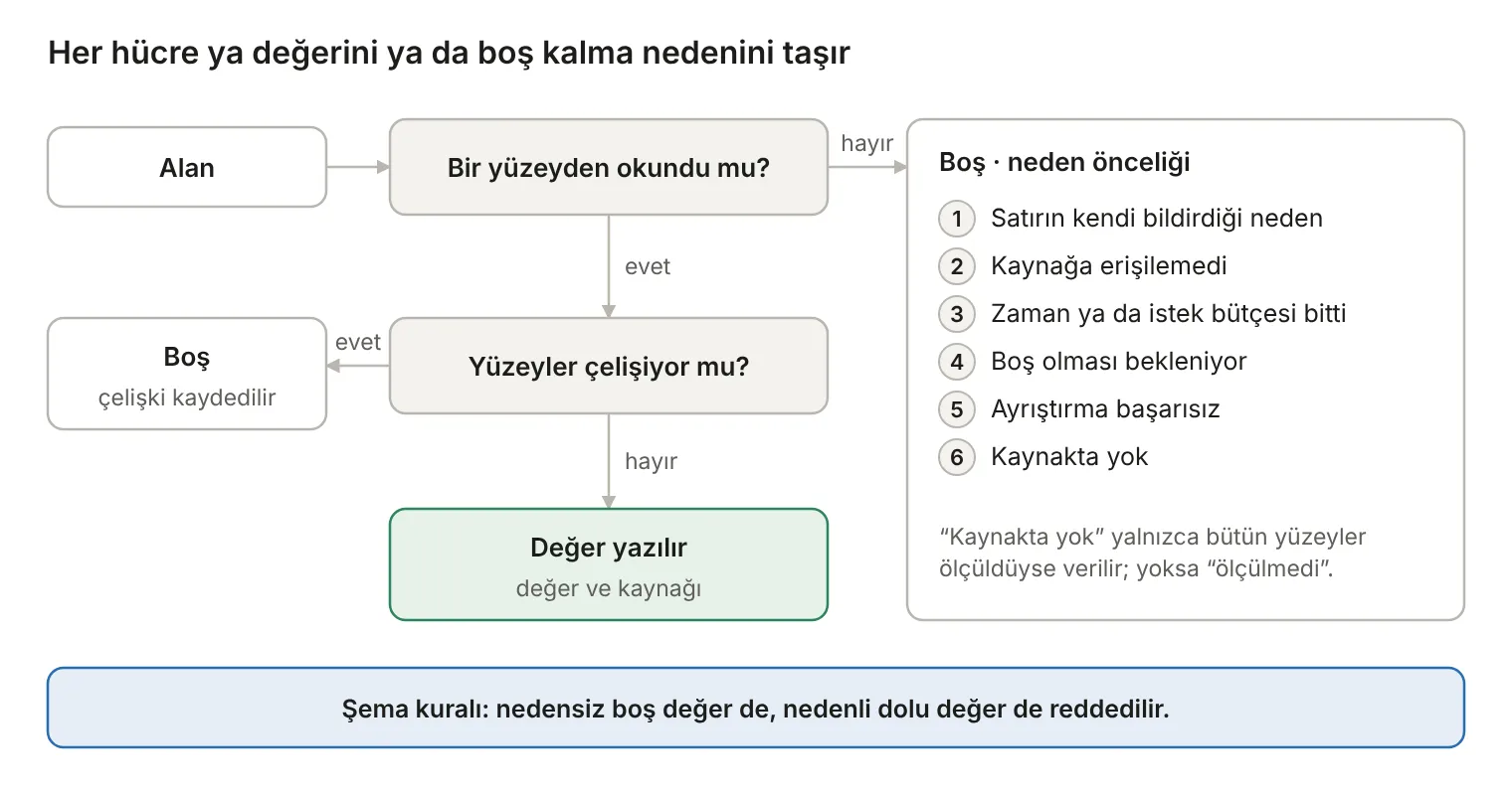 Her hücre ya değerini ya da boş kalma nedenini taşır