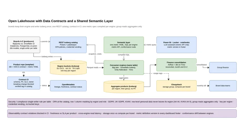 Flow: brand engines write Iceberg tables to regional buckets via one REST catalog; a compiled metric layer serves consumers.